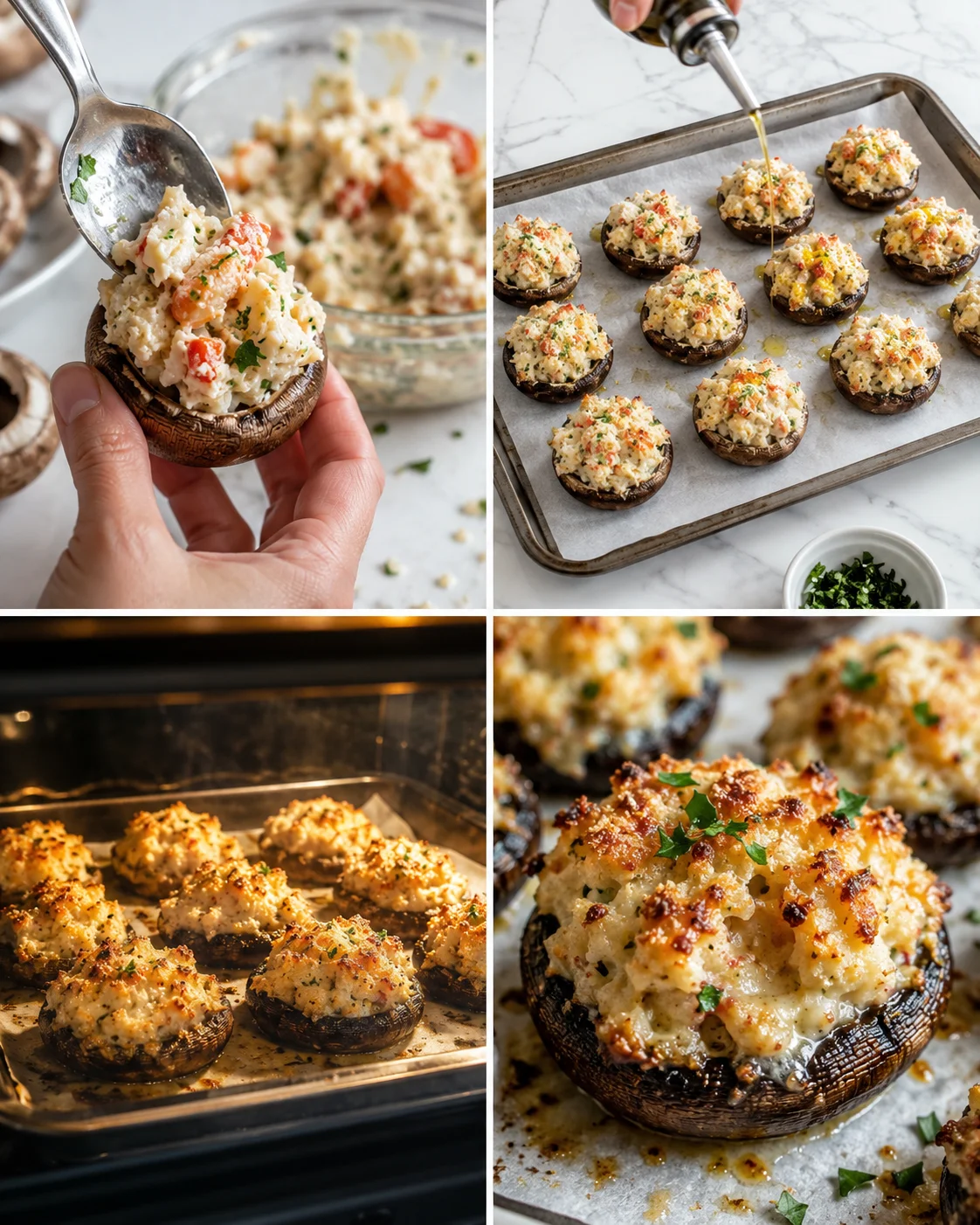 A collage of stuffed mushrooms with creamy herb filling, assembled, baked, and topped with a golden crumb.