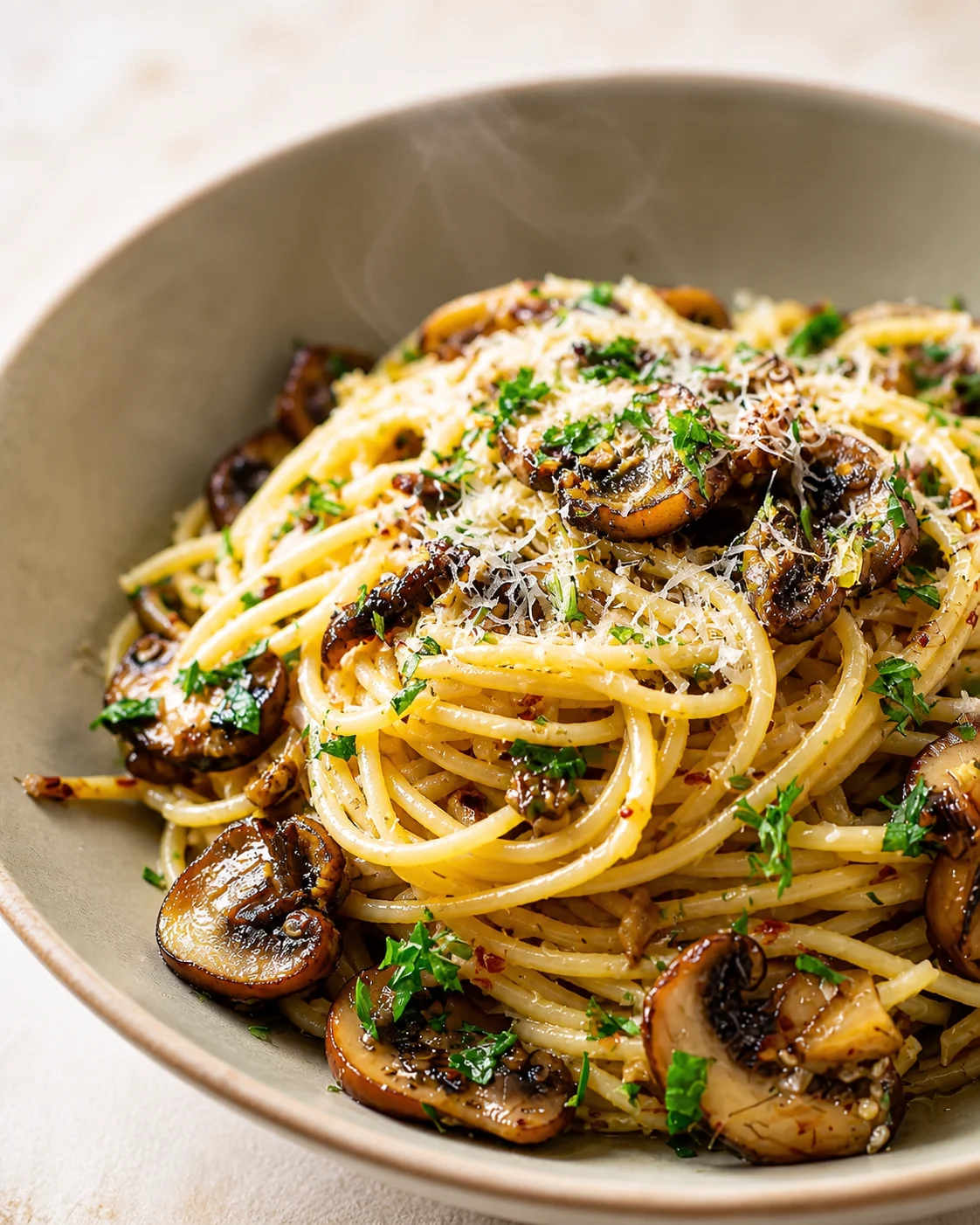 plate of spaghetti with browned mushrooms, parmesan shavings, and chopped parsley in a gray bowl
