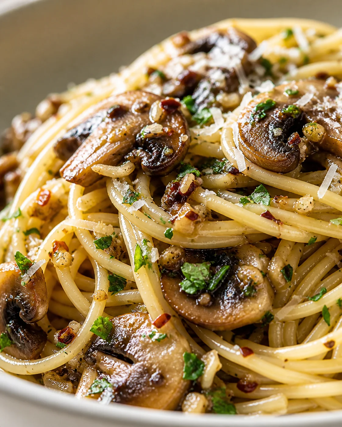 Close-up of spaghetti with sautéed mushrooms, grated cheese, and parsley.