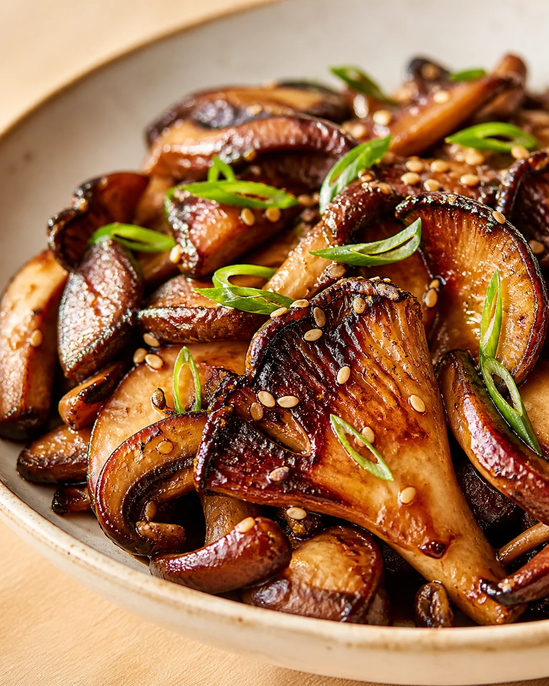 glossy sesame-glazed mushrooms with sesame seeds and green onion on a ceramic plate