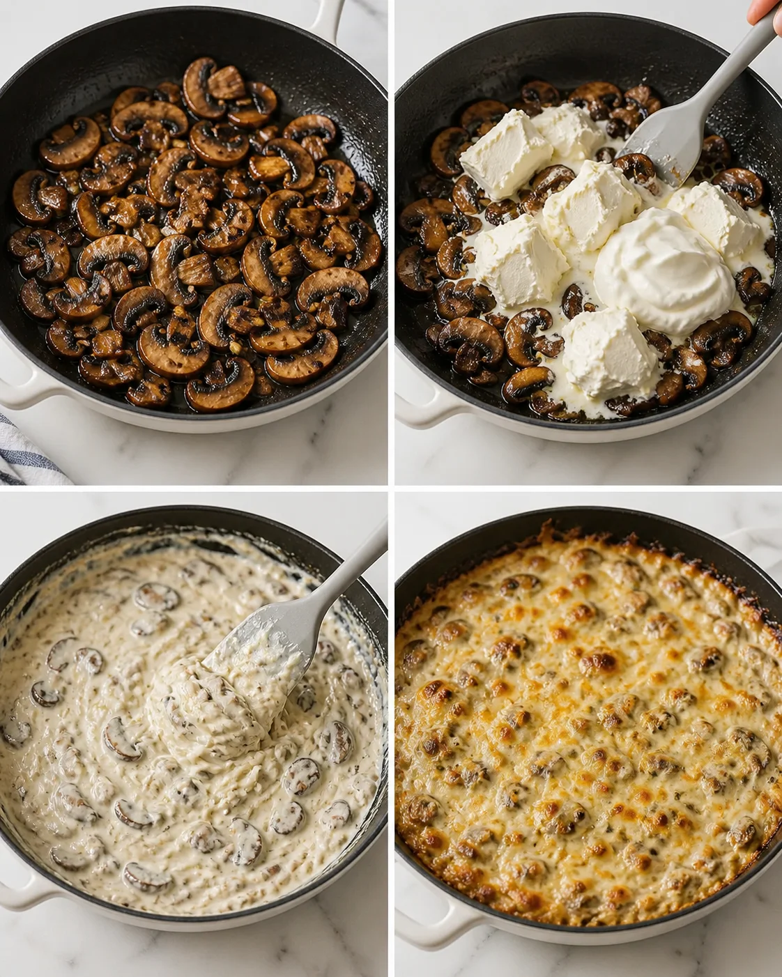 Collage showing mushrooms cooking in a skillet, then cream cheese added, and a cheesy mushroom bake.