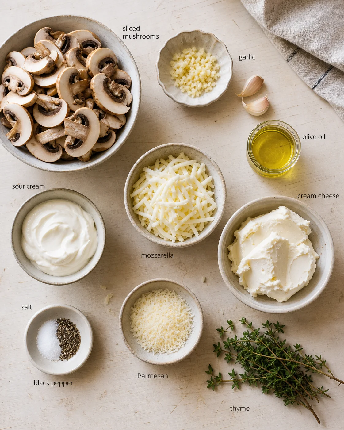 Overhead view of labeled ingredients including mushrooms, garlic, olive oil, sour cream, and cheeses.