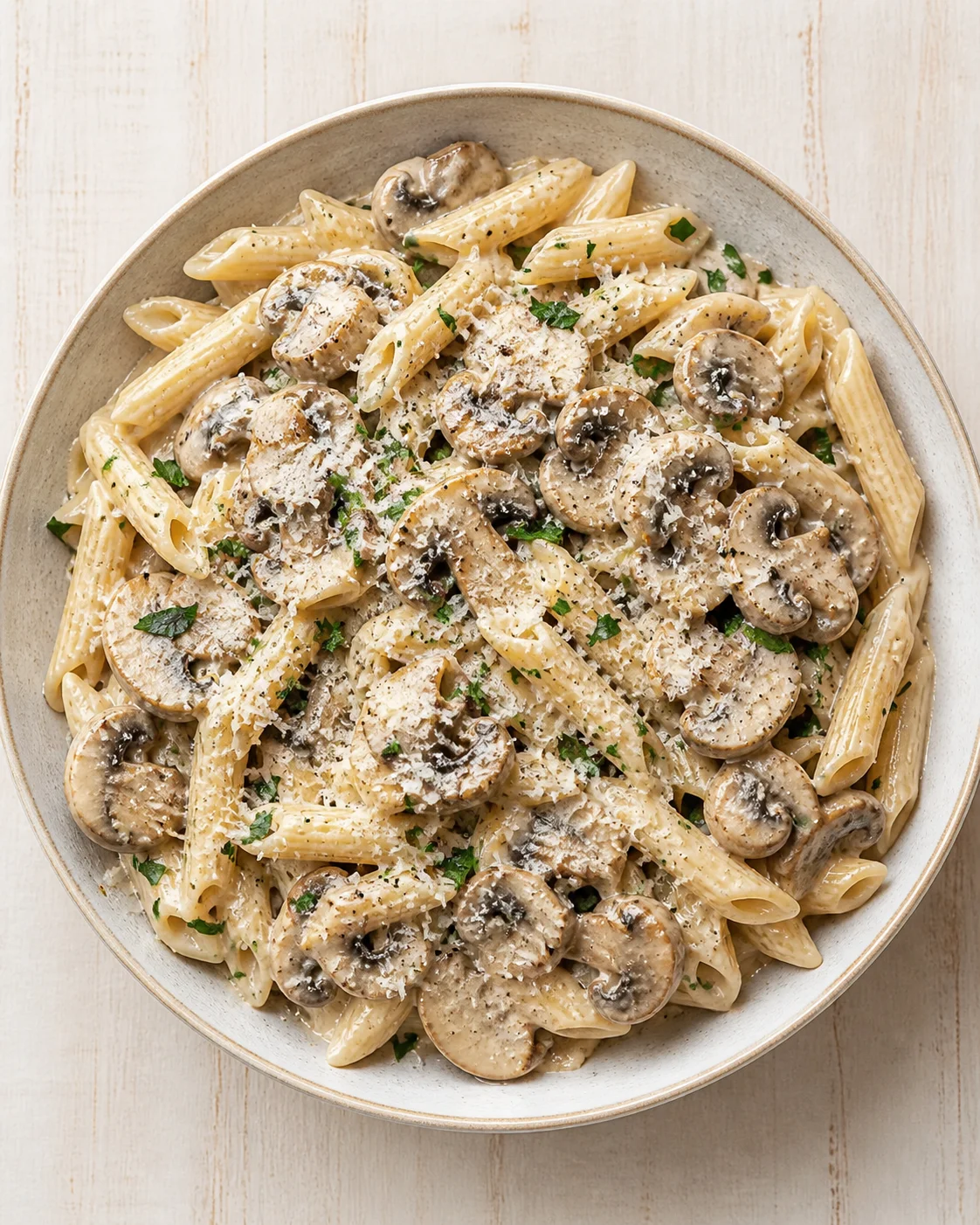 Creamy mushroom penne pasta with grated cheese and parsley in a beige ceramic bowl