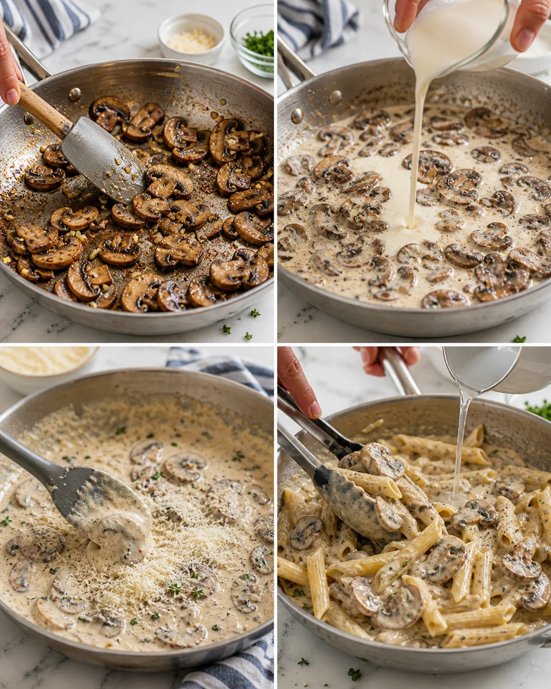 collage showing sautéed mushrooms in a skillet, cream being poured, and creamy mushroom pasta