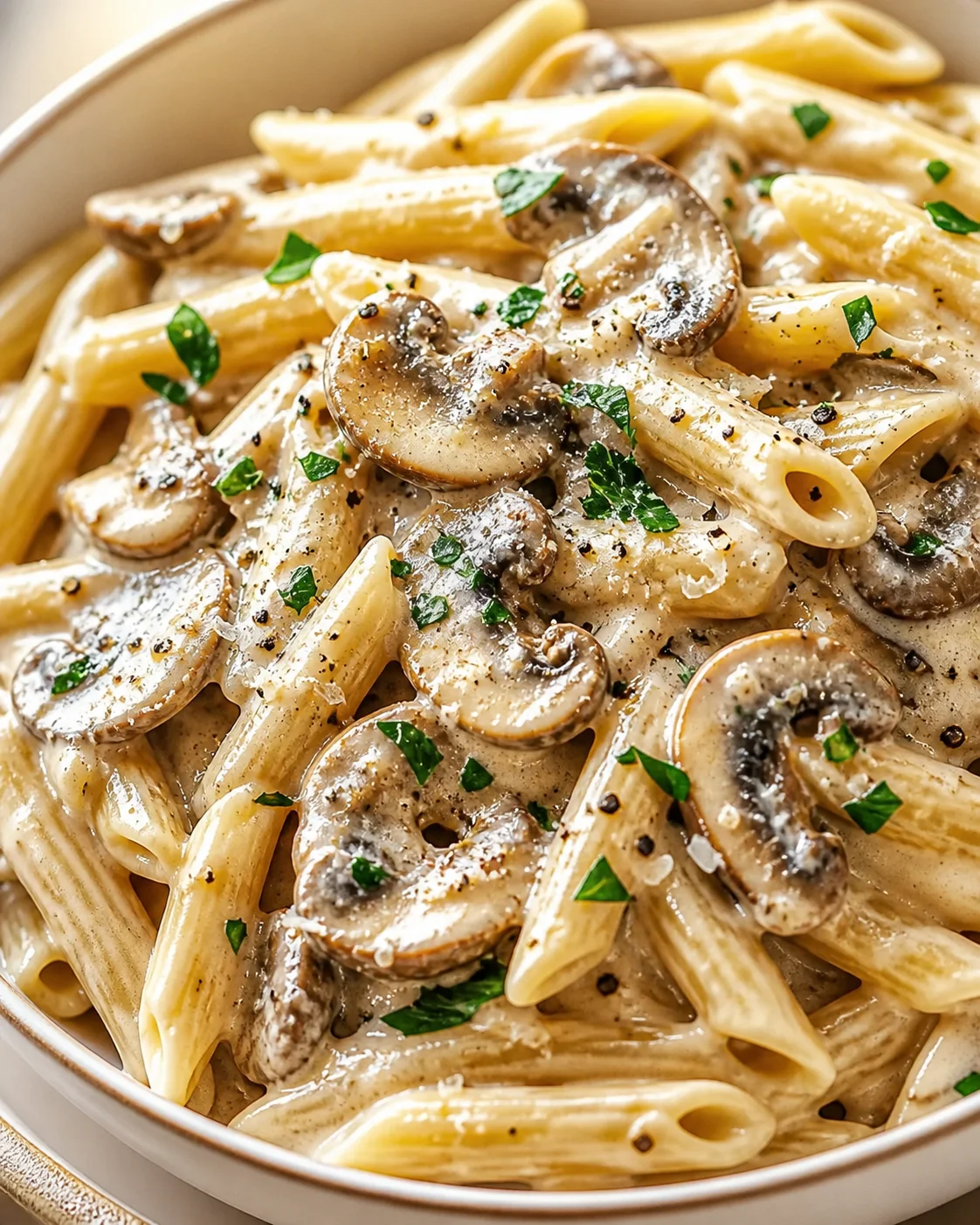 creamy-mushroom-penne-pasta creamy mushroom penne pasta with parsley in a shallow white bowl