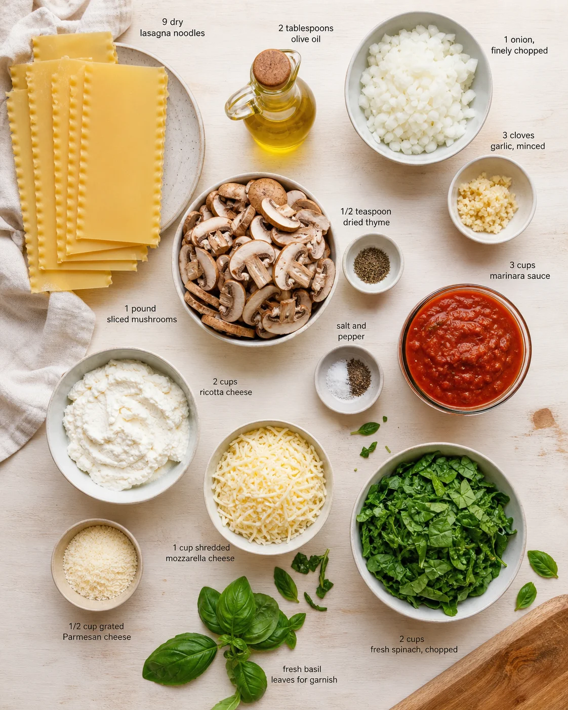 overhead shot of labeled lasagna ingredients arranged on a light wooden surface
