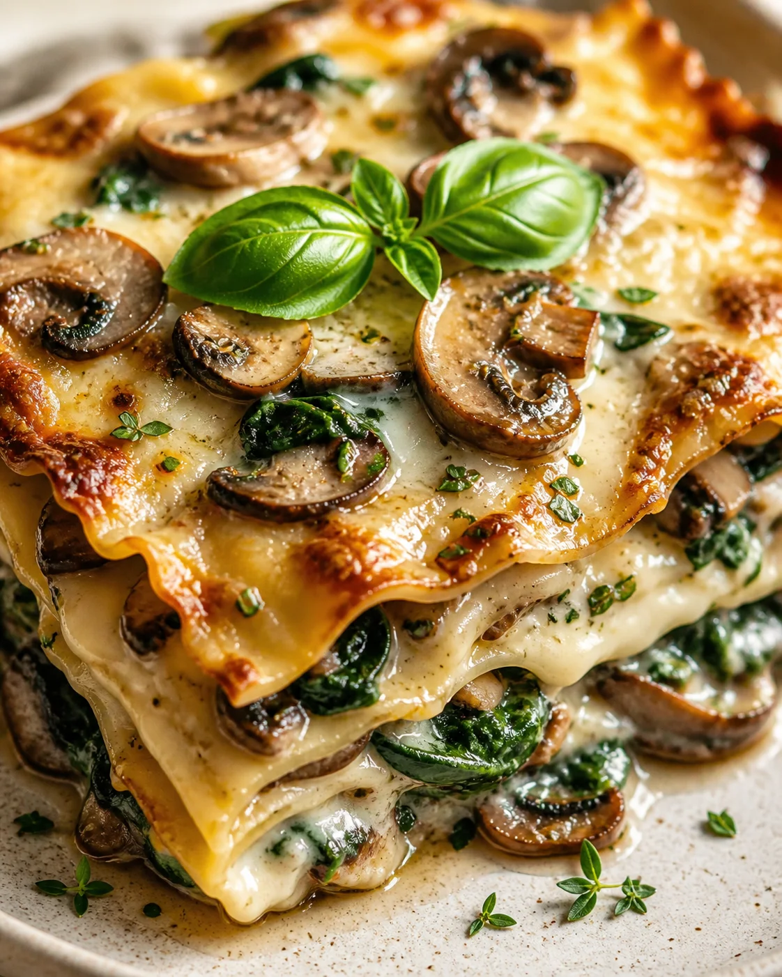 mushroom-spinach-lasagna Close-up of a cheesy mushroom spinach lasagna topped with basil on a beige plate