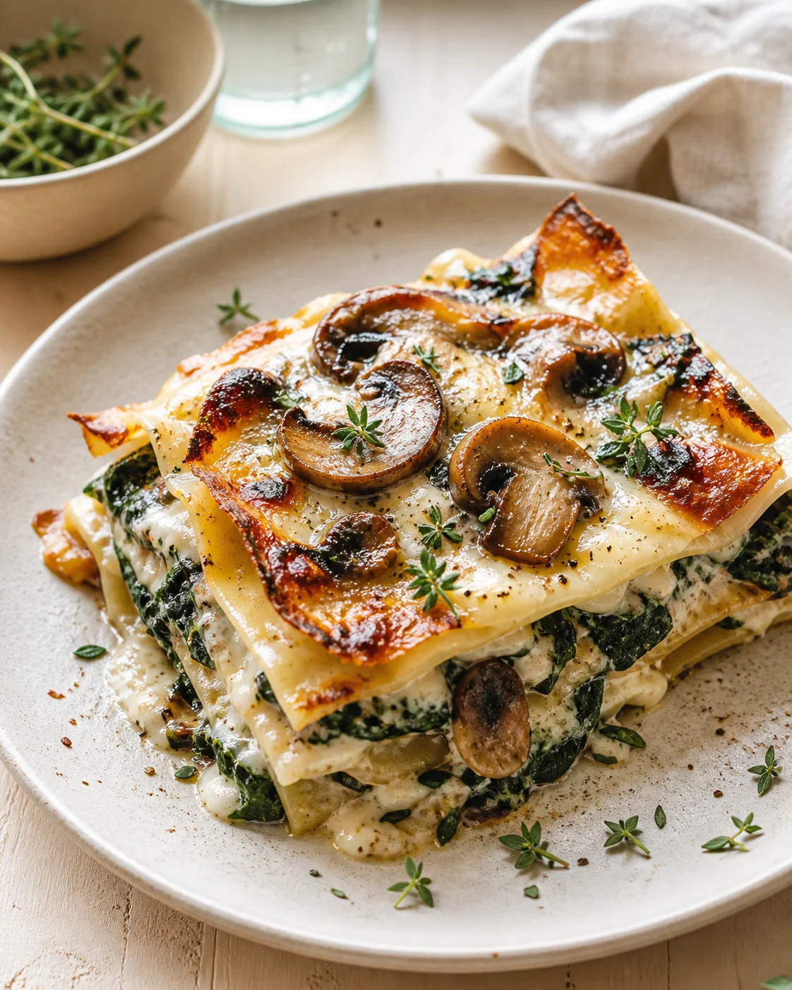 creamy-mushroom-spinach-lasagna Stacked mushroom-spinach lasagna with a golden-brown top on a beige plate.