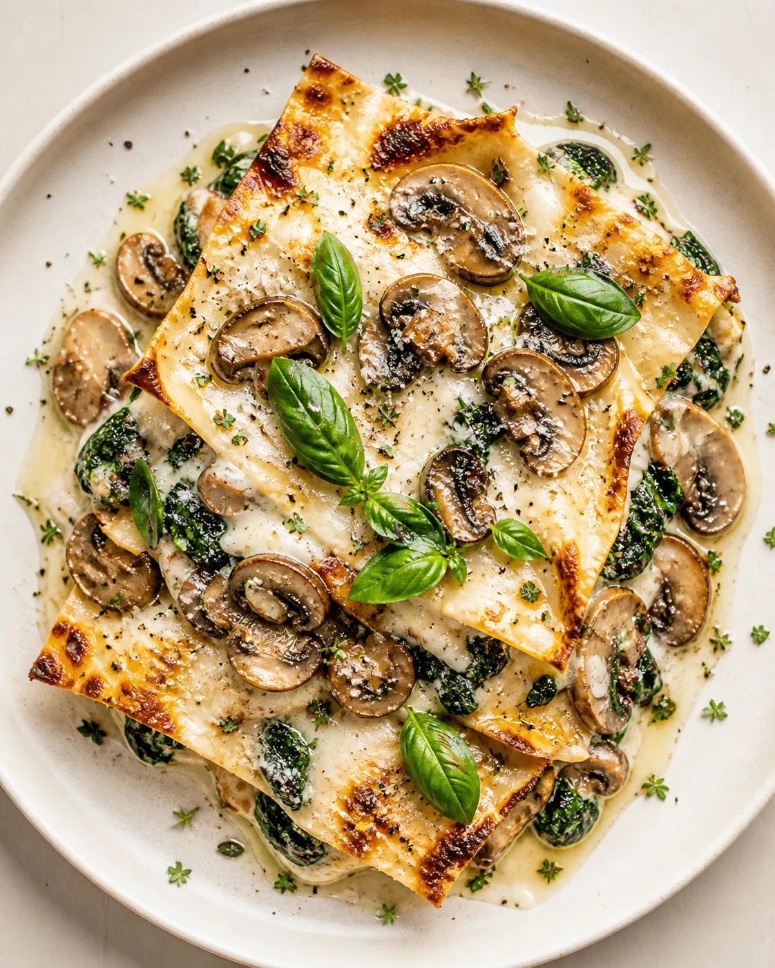 creamy-mushroom-lasagna Top-down plate of creamy mushroom lasagna with browning edges, spinach, and fresh basil