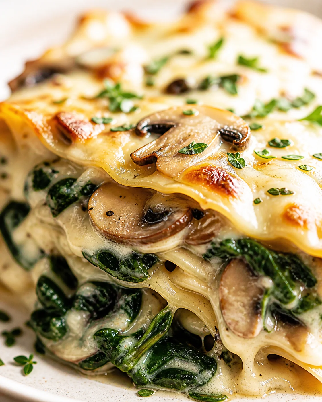 creamy-mushroom-spinach-lasagna Close-up of creamy mushroom spinach lasagna with melted cheese and browned top.