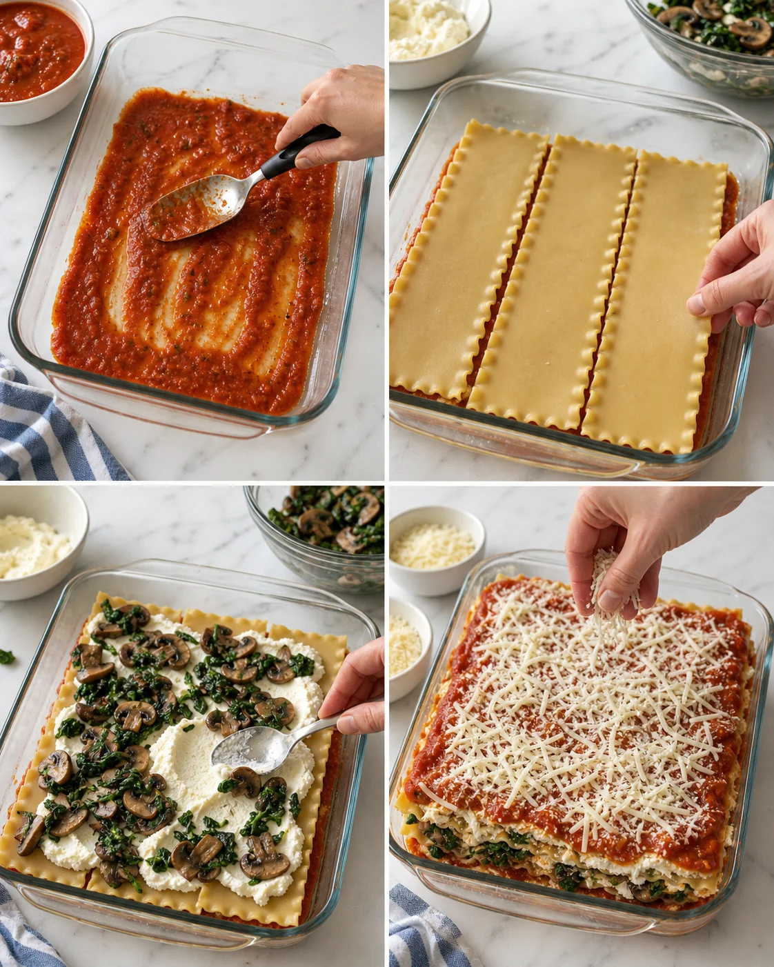layered-lasagna-assembly collage showing lasagna assembly steps in a glass dish: sauce, noodles, ricotta-mushroom layer, and grated cheese.