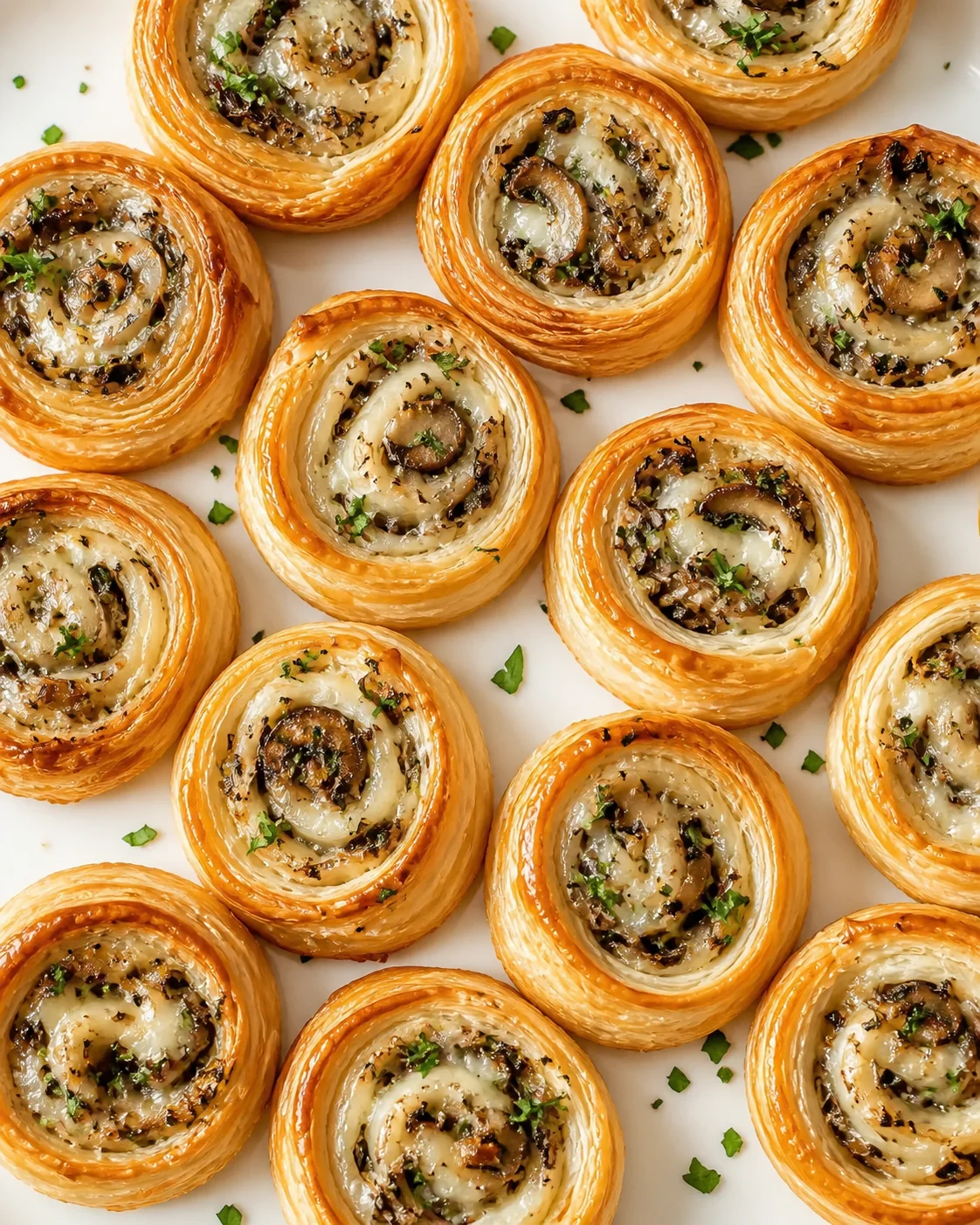 golden puff pastry pinwheels filled with mushroom and cheese, sprinkled with parsley on white background