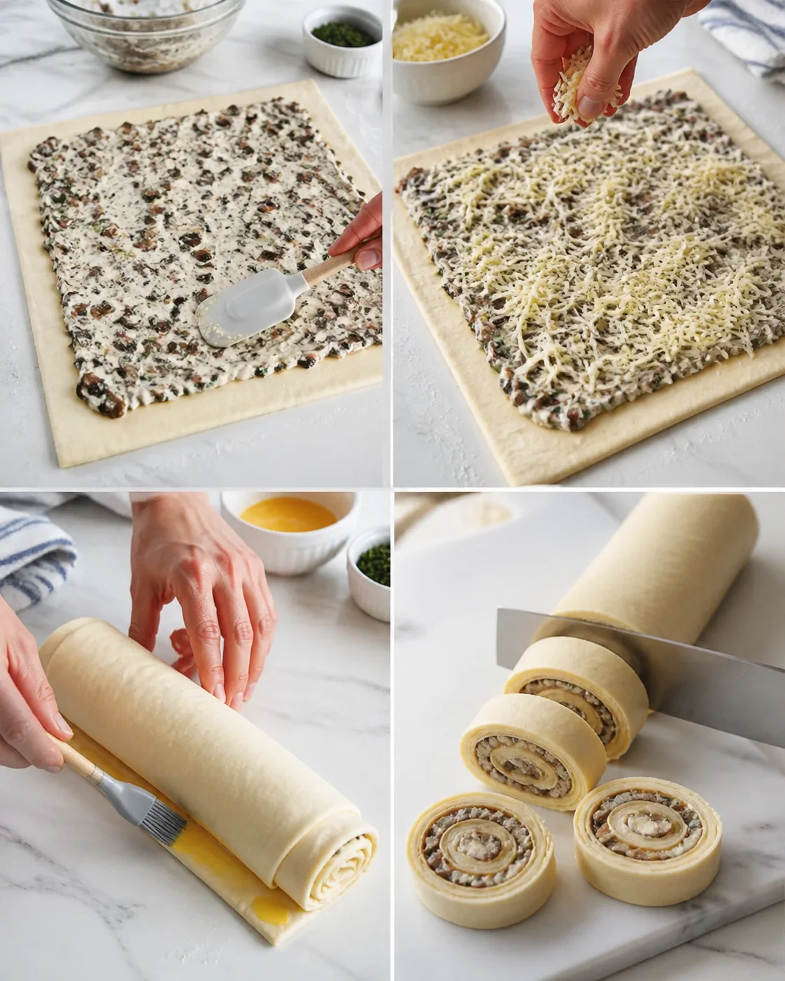 Collage showing steps to make mushroom-spinach puff pastry pinwheels: spread filling, sprinkle cheese, brush egg wash, roll, and slice.