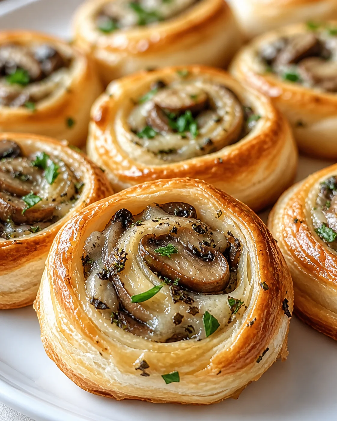Golden puff pastry pinwheels with mushroom filling on a white plate