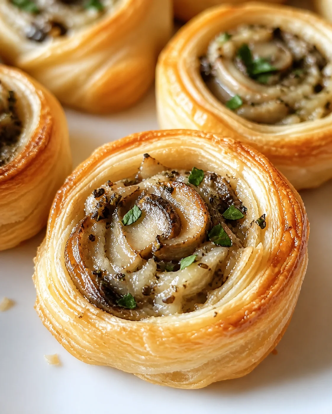 Golden puff pastry swirl filled with mushrooms and herbs on a white plate