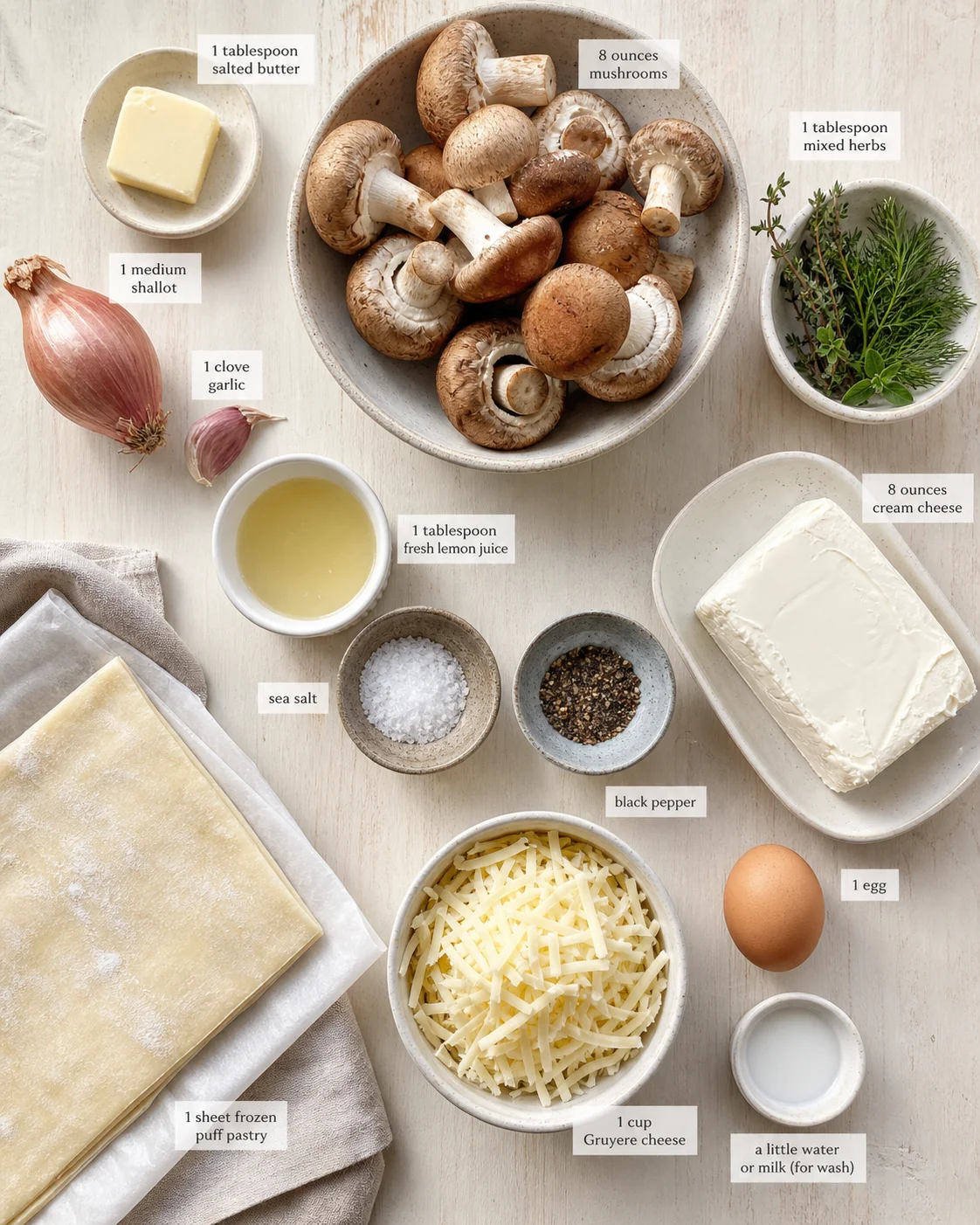 top-down layout of mushroom tart ingredients with puff pastry sheet, cheese, herbs, and spices