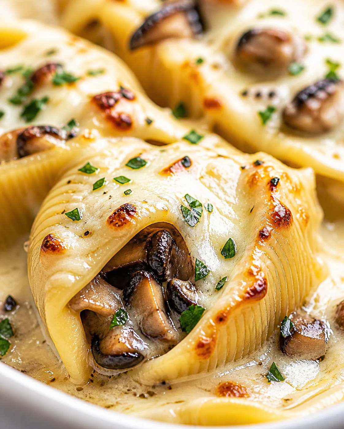 Close-up of creamy mushroom-stuffed pasta shells topped with melted cheese and parsley in a white dish.