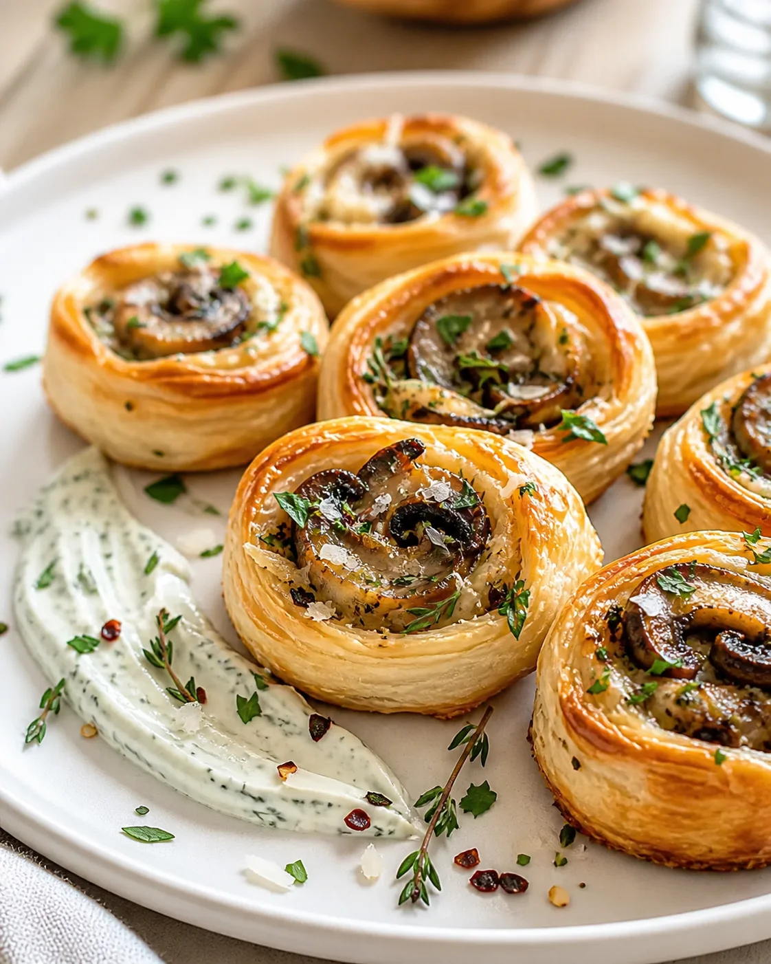 Golden mushroom-stuffed puff pastries arranged on a white plate with herb yogurt sauce.