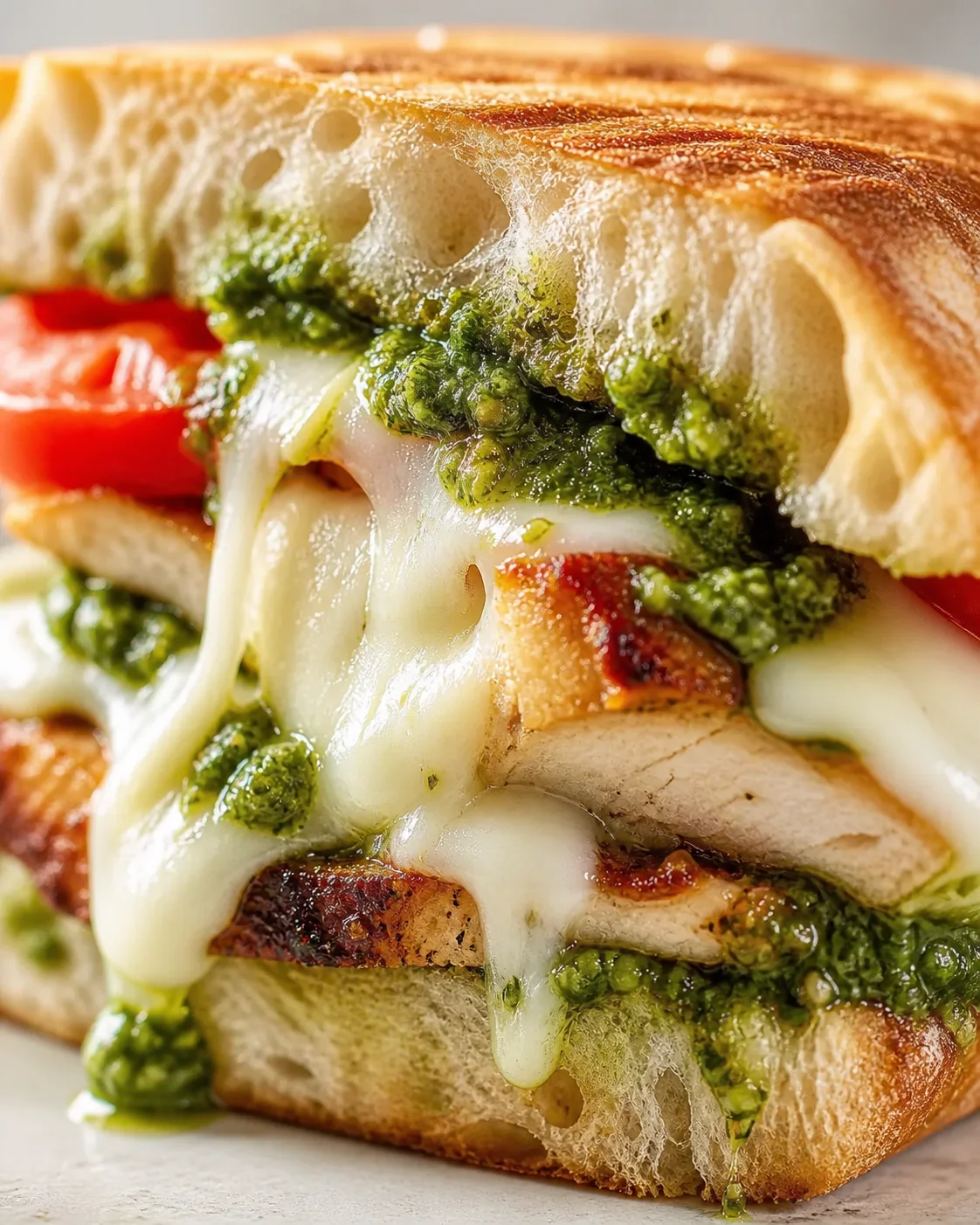 close-up of a grilled cheese sandwich with melted pale cheese, pesto, and tomato between crusty sourdough slices