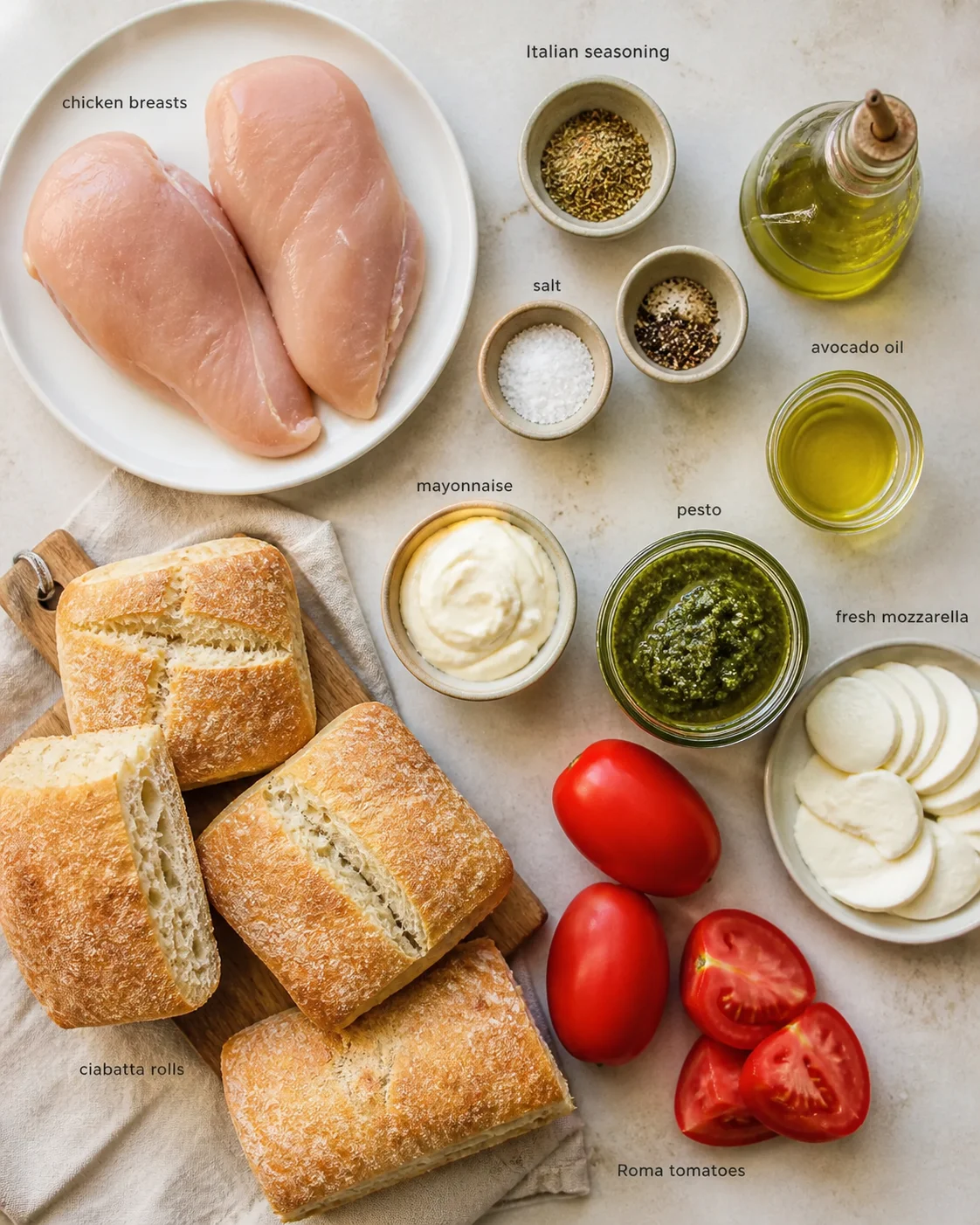 Top-down view of chicken breasts, bread, tomatoes, mozzarella, and condiments arranged on a light counter.