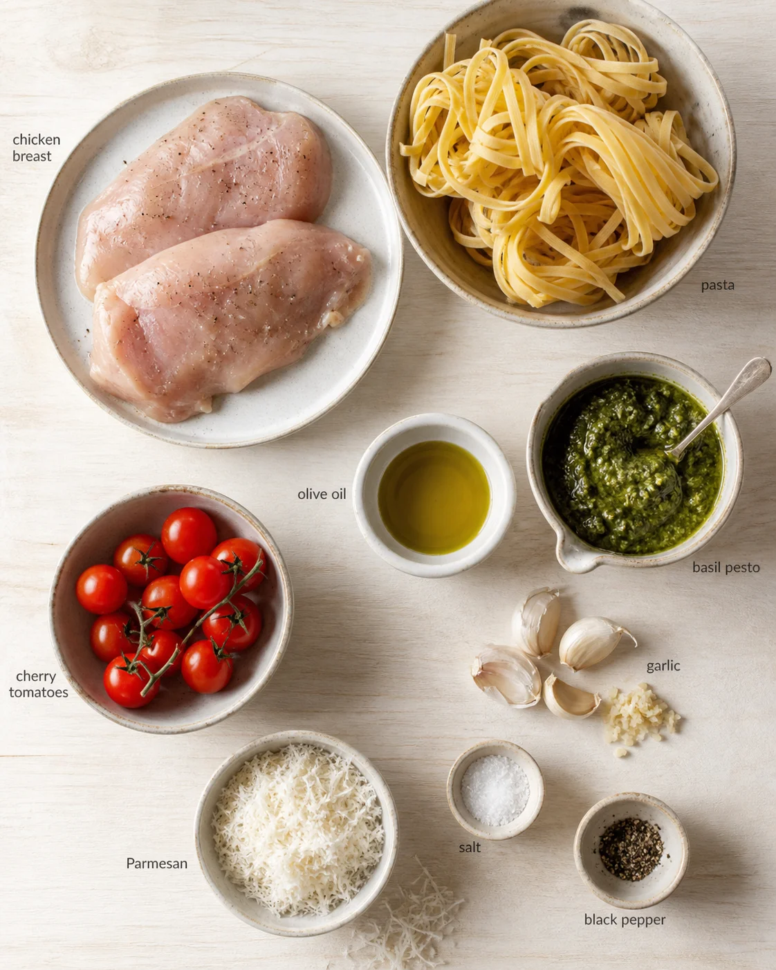 ingredients-for-chicken-pasta Overhead view of chicken breasts, pasta, tomatoes, pesto, olive oil, garlic, and parmesan.