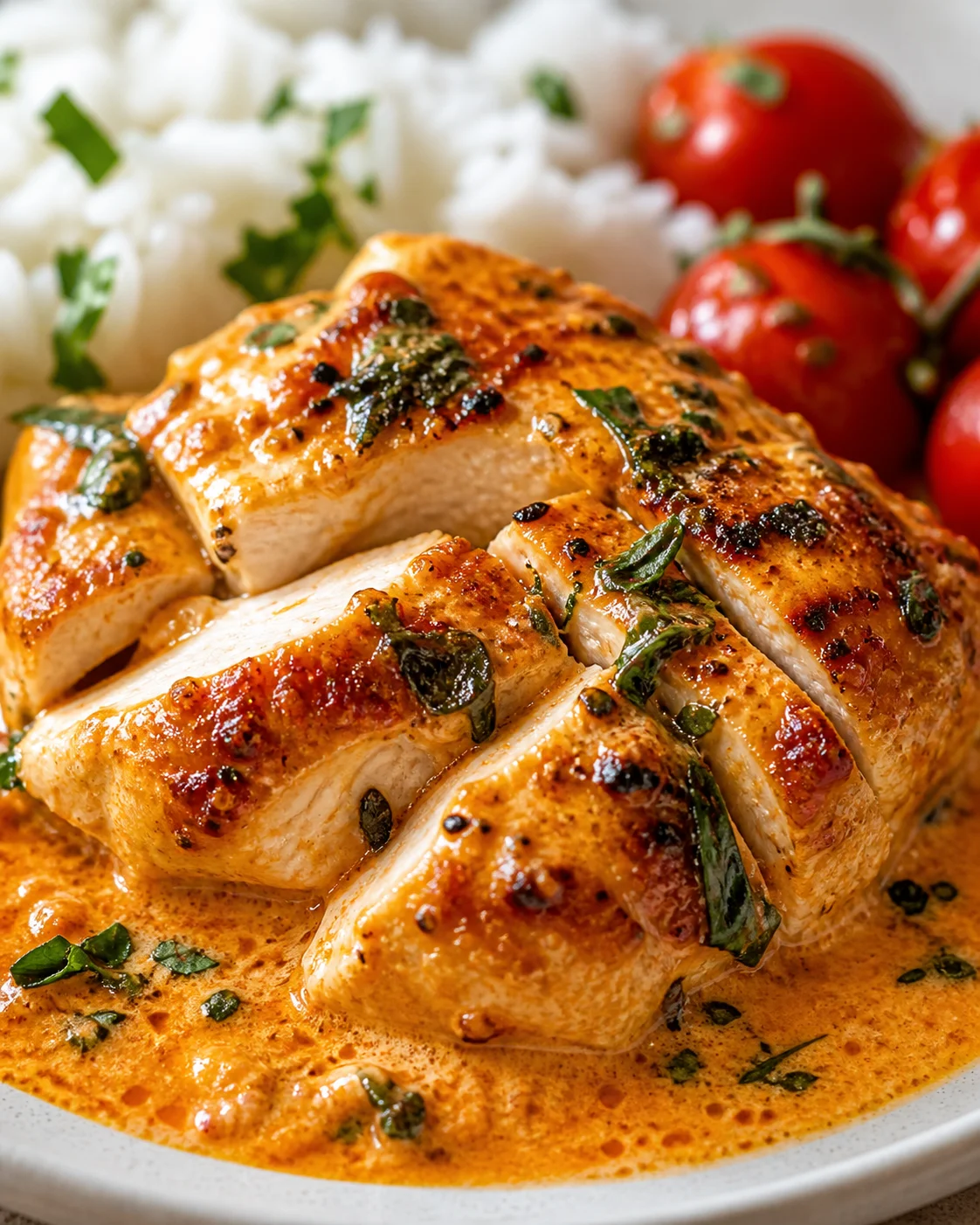 creamy-tomato-basil-chicken Sliced chicken in a glossy orange-tomato cream sauce, garnished with herbs, with rice and tomatoes nearby.