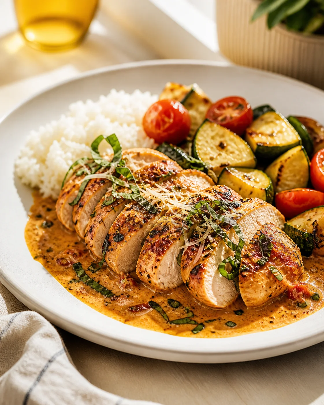 roasted-chicken-with-zucchini-and-tomatoes Sliced roasted chicken with creamy sauce, zucchini, and cherry tomatoes on a white plate.