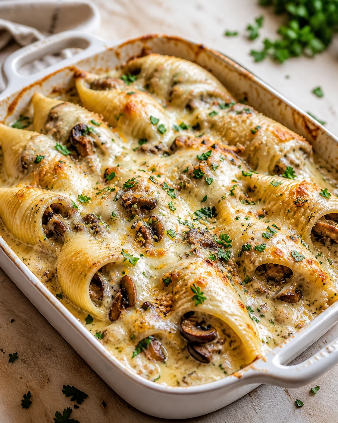 creamy baked cannelloni with mushrooms and parsley in a white casserole dish