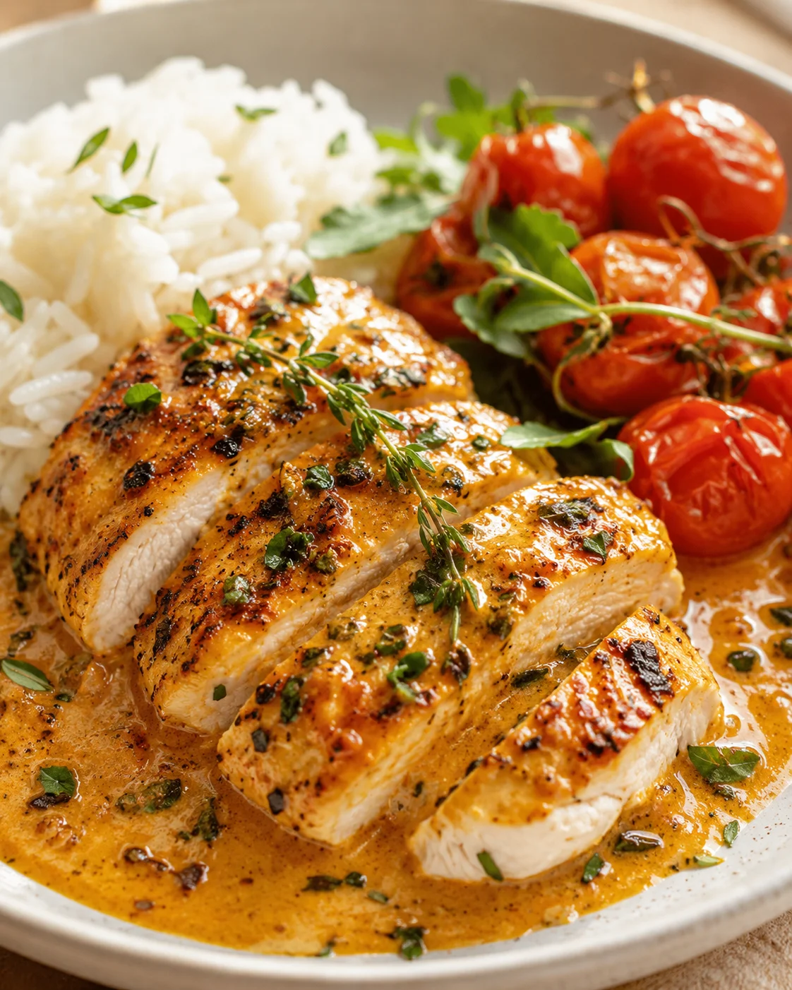 sliced chicken breast in orange creamy sauce, served with rice and roasted tomatoes