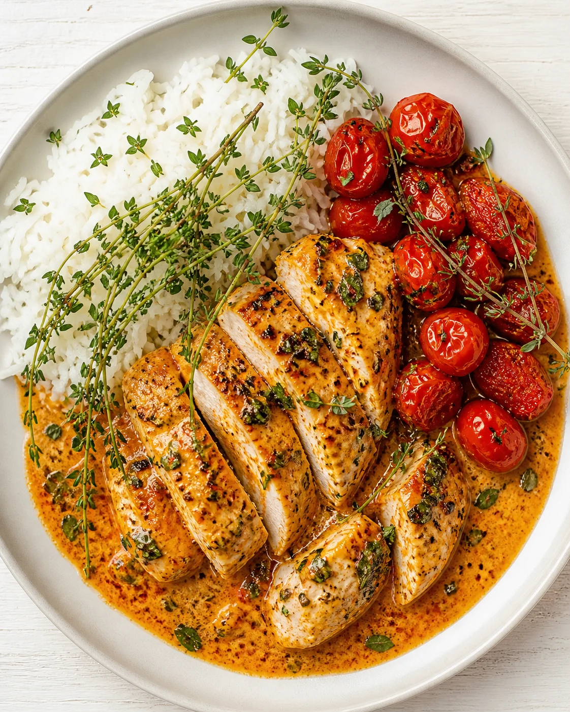 sliced chicken with orange herb sauce, thyme, rice, and roasted cherry tomatoes on a white plate