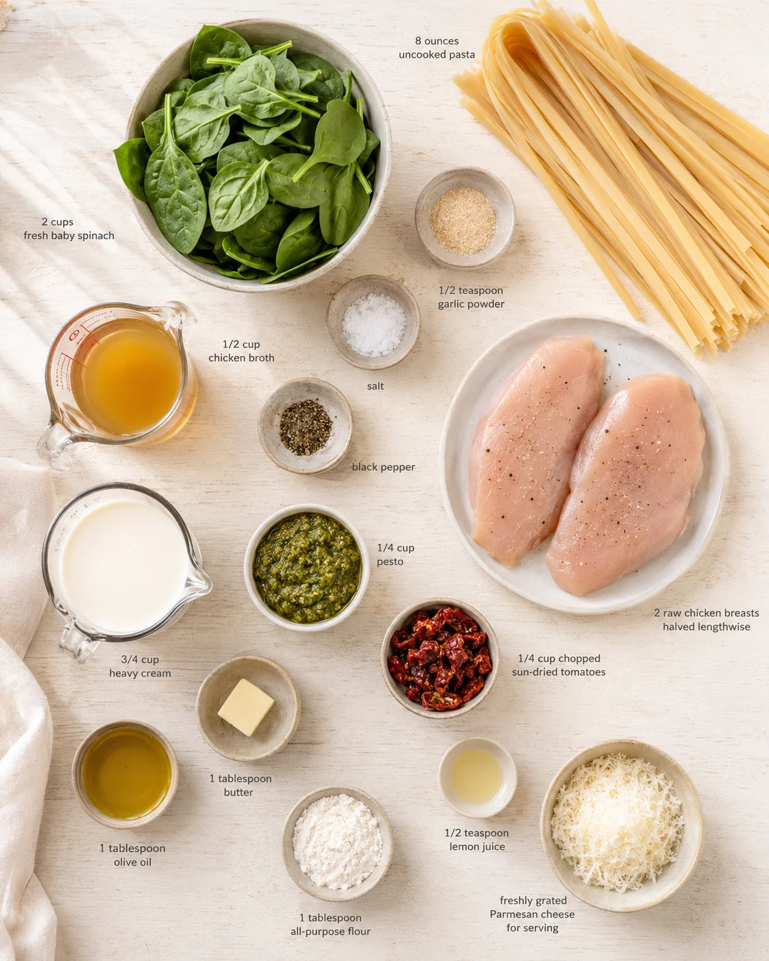 flat lay of spinach, uncooked pasta, chicken breasts, and labeled ingredients on a light wooden surface