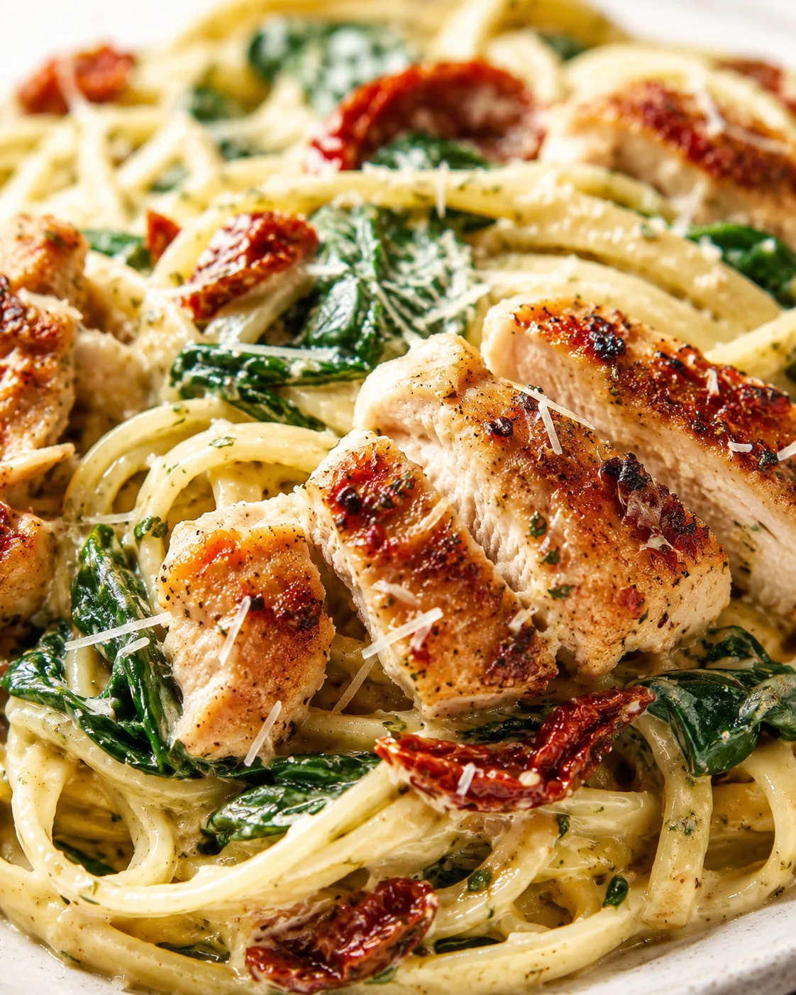 Creamy pasta with sliced chicken, wilted spinach, and sun-dried tomatoes.