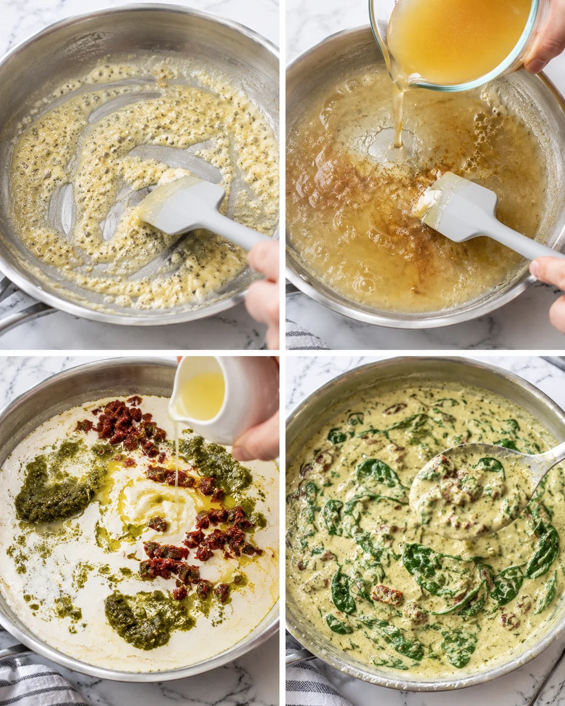 Four-panel collage showing step-by-step sauce making: browning butter, adding stock, and finishing with spinach in creamy sauce.