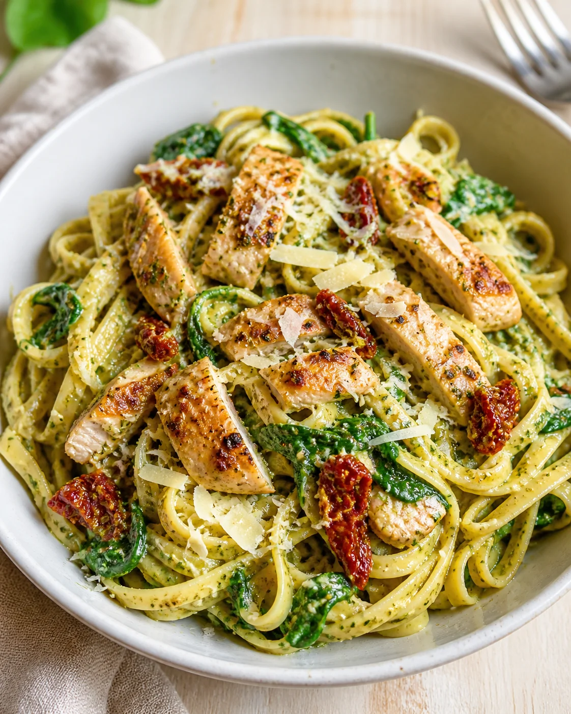 Pasta with pesto, grilled chicken slices, sun-dried tomatoes, and parmesan in a light gray bowl.