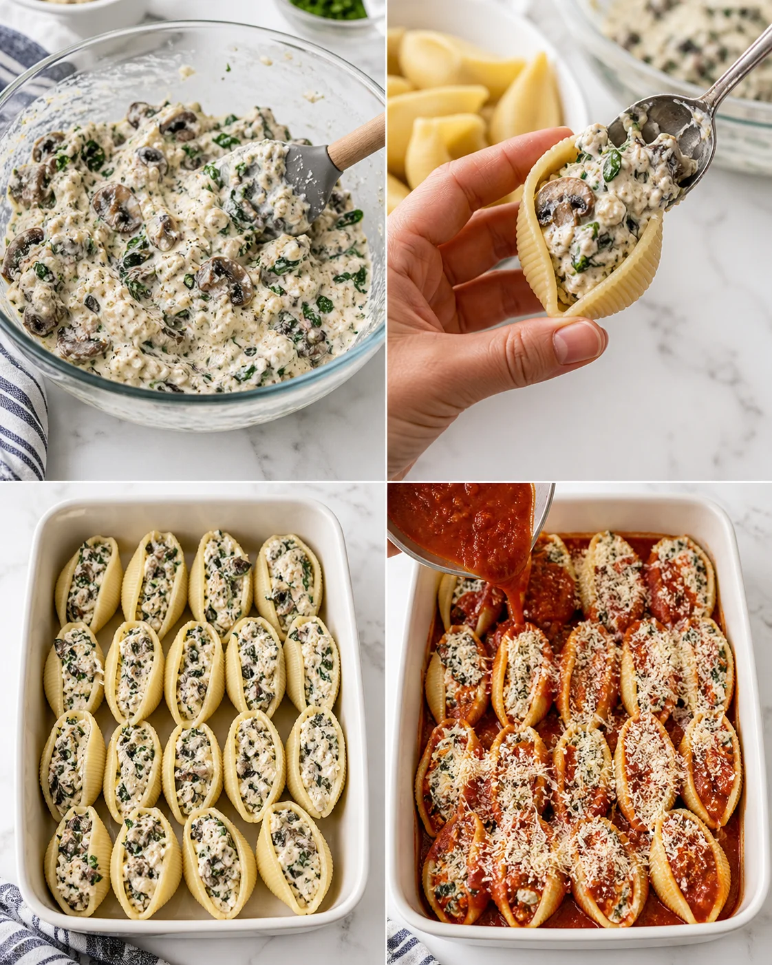 collage showing stuffed shells prep: creamy mushroom-spinach filling, shells being filled, and sauce-ready baking dish.
