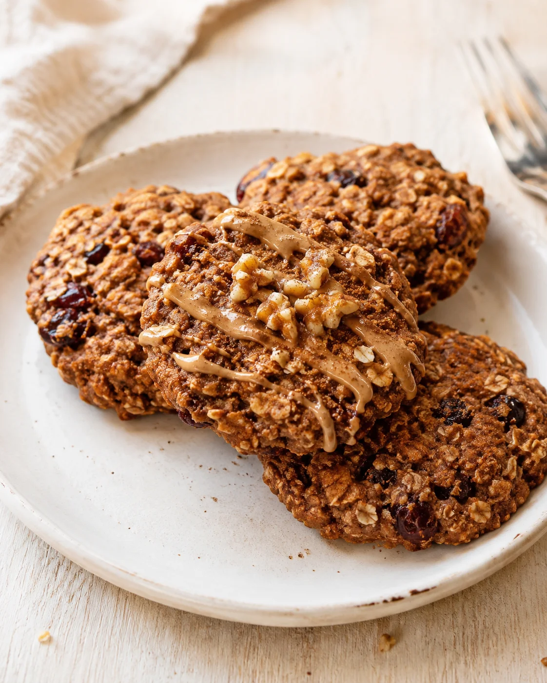Three oat cookies topped with chopped nuts and caramel drizzle on a speckled white plate.