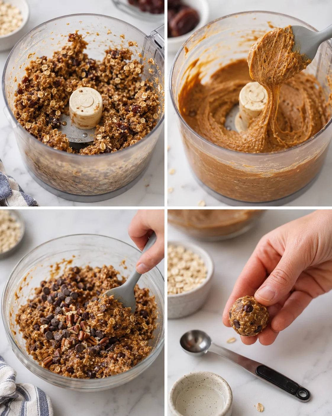 collage of no-bake energy-balls being made with oats, peanut butter, chocolate chips.