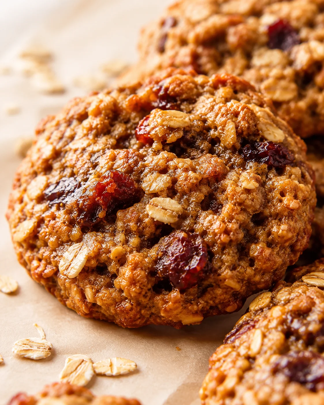 Close-up of golden-brown oatmeal cookies studded with oats and cranberries.