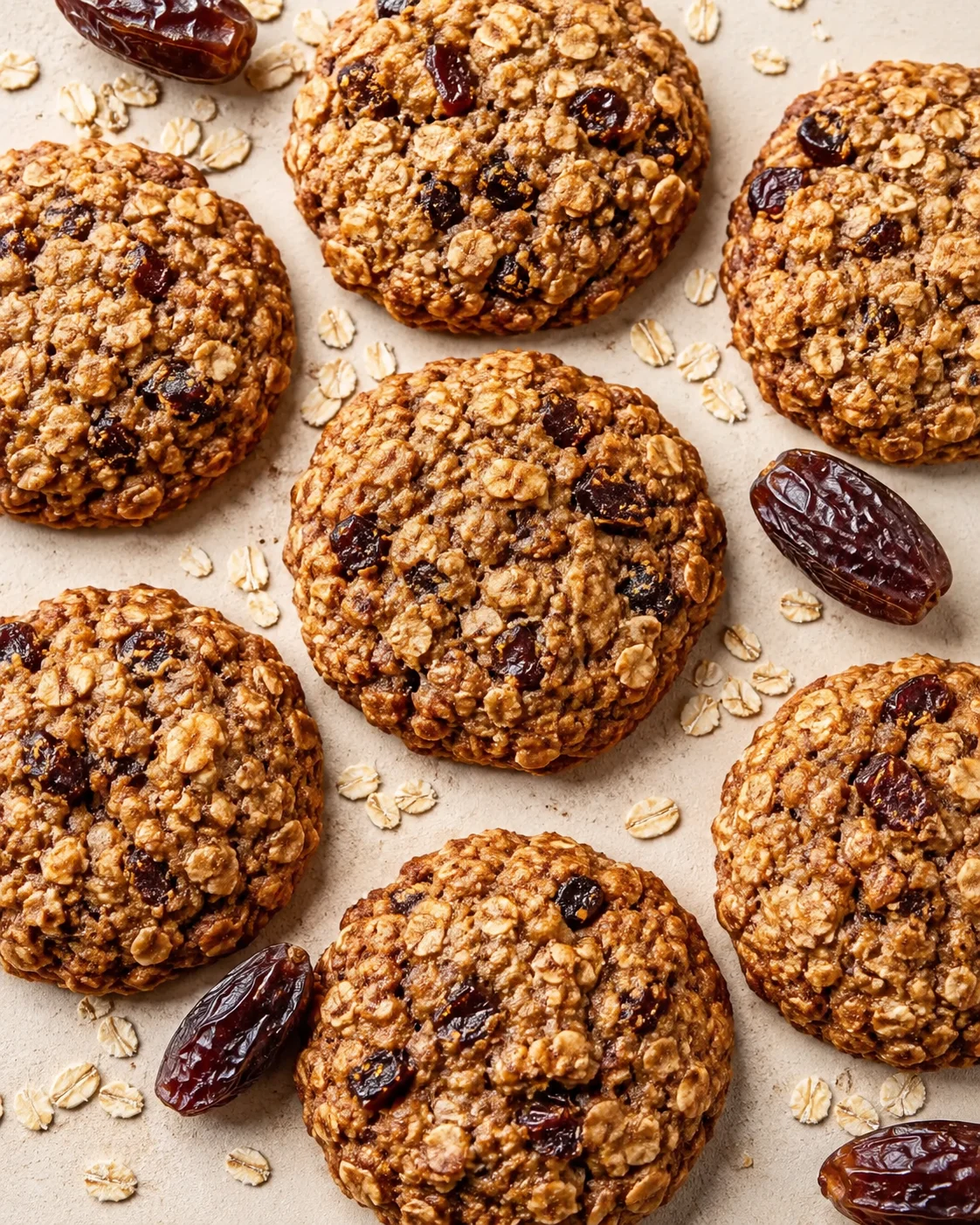 Close-up of round oatmeal raisin cookies on a beige parchment background.