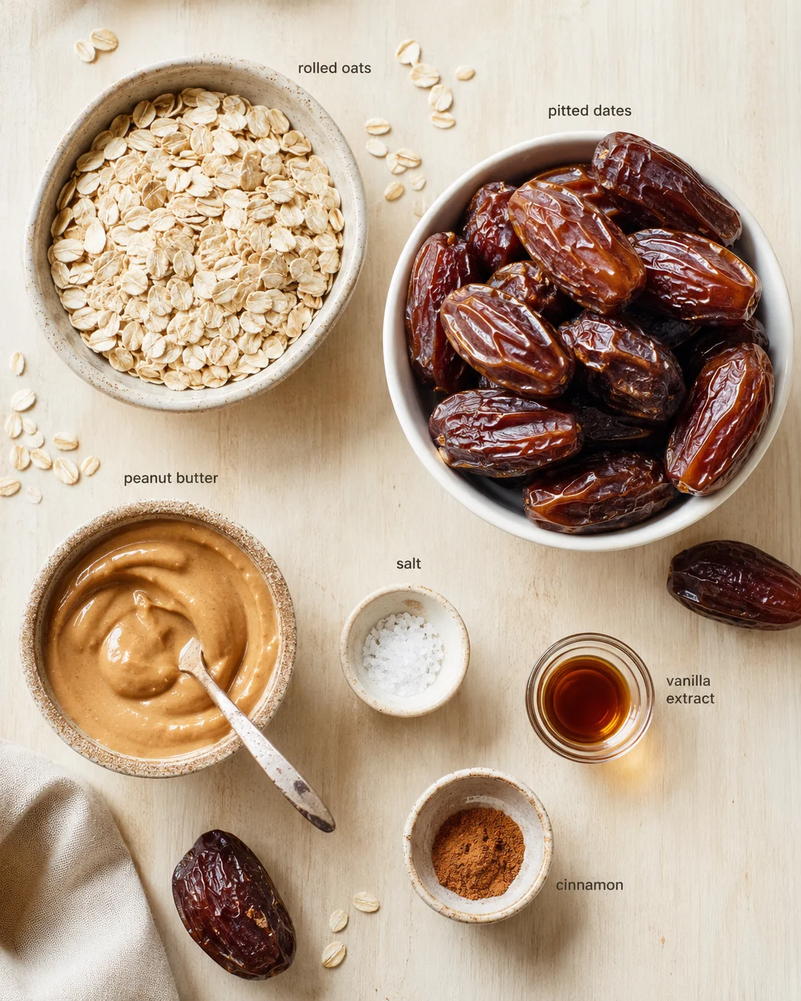 Top-down view of ingredient bowls labeled oats, dates, peanut butter, salt, vanilla extract, and cinnamon on a light wooden board