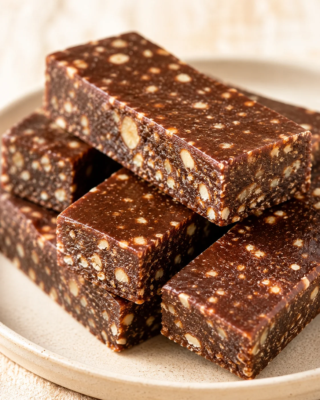 stacked chocolate-nougat bars studded with nuts on a light plate