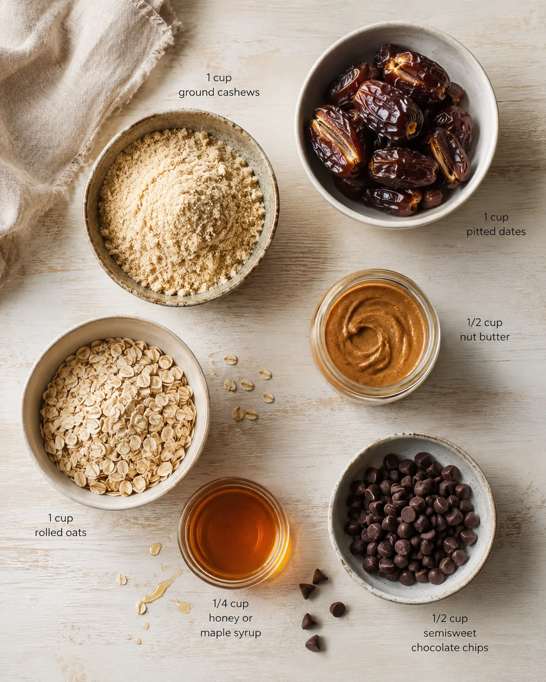 Overhead shot of ingredient bowls labeled for no-bake bites: cashews, dates, oats, chocolate.