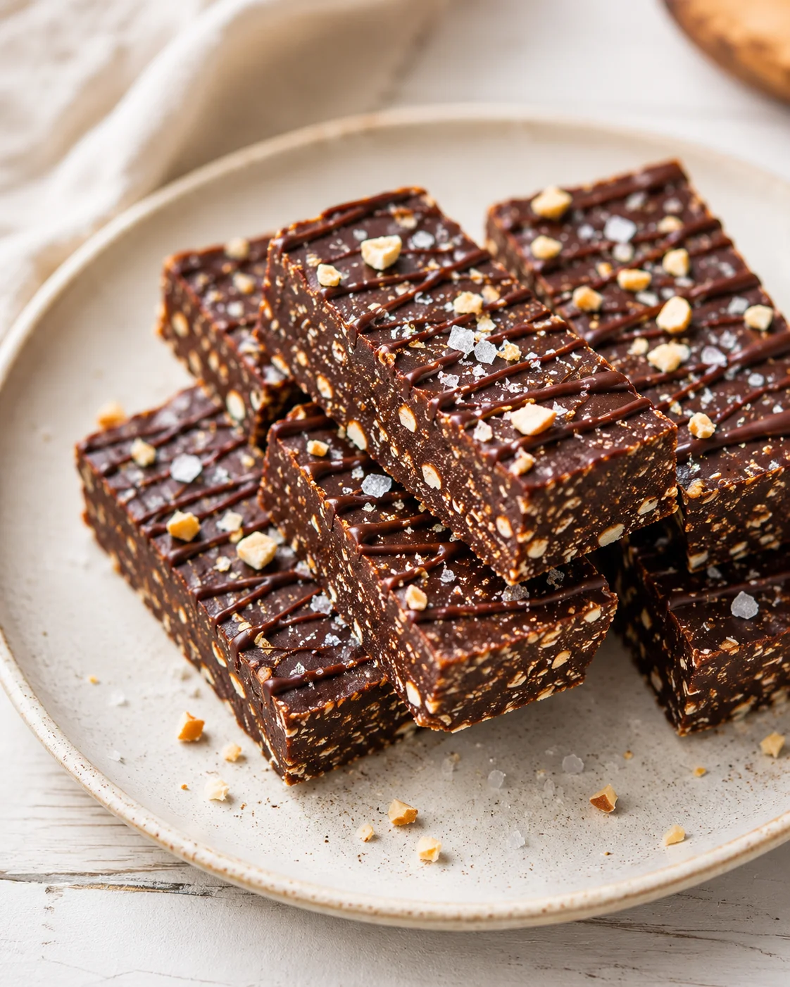Stack of dark chocolate bars with nuts and sea salt on a beige plate.