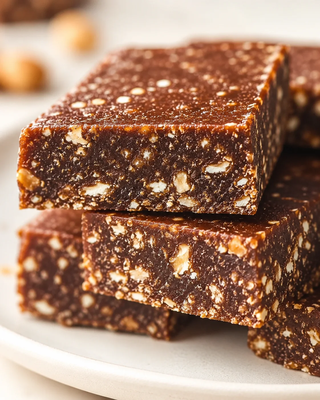 Stack of dense chocolate fudge bars with chopped nuts on a white plate.