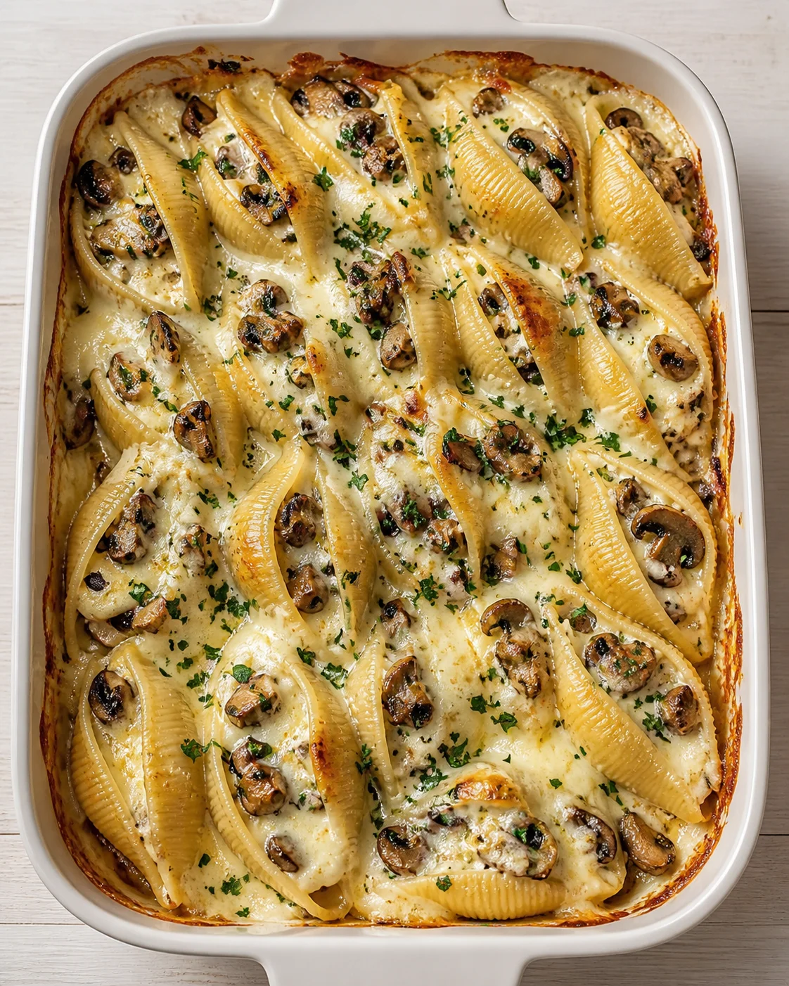 Creamy baked pasta with mushrooms in a white casserole dish