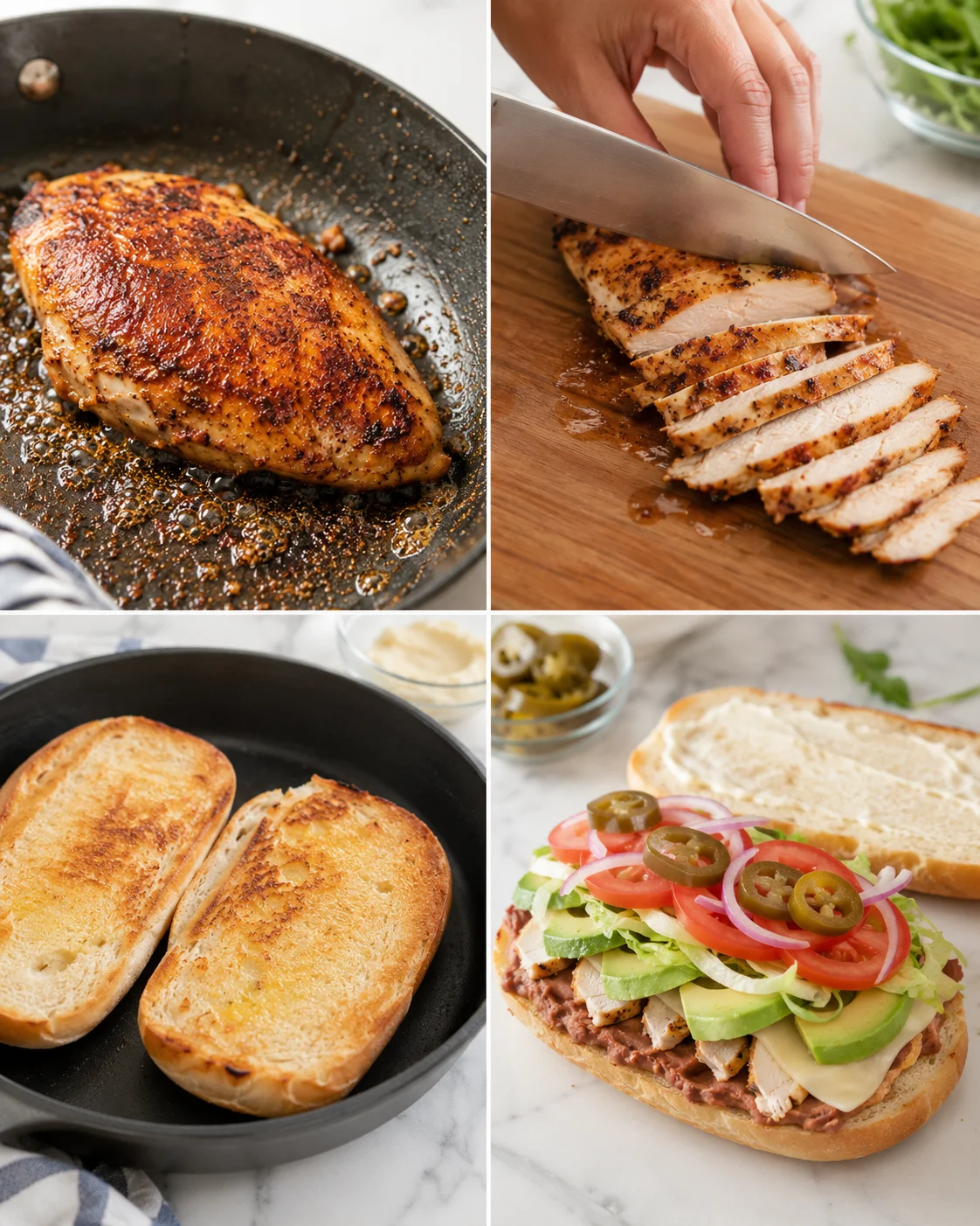Four-panel collage showing seared chicken, sliced breast, toasted bread, and loaded avocado-tomato sandwich.