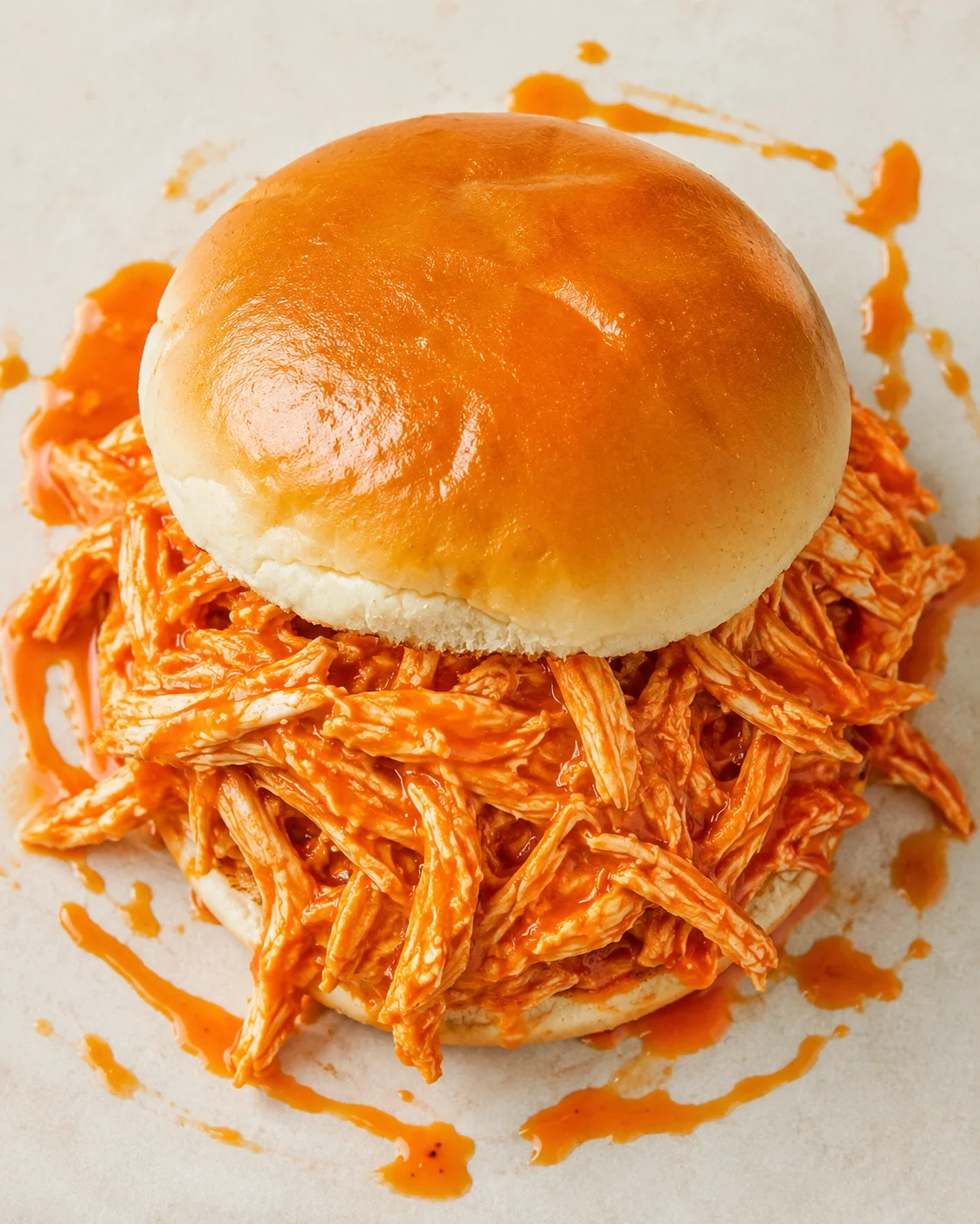 top-down view of a glossy brioche bun filled with saucy shredded buffalo chicken on parchment