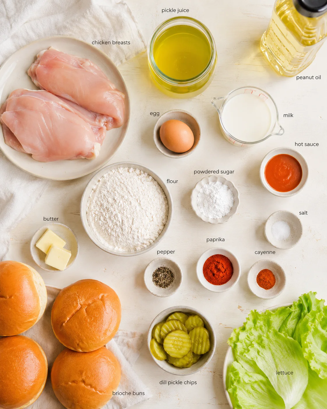 flat lay of raw chicken breasts with labeled ingredients for sandwich: buns, pickles, sauces, and spices
