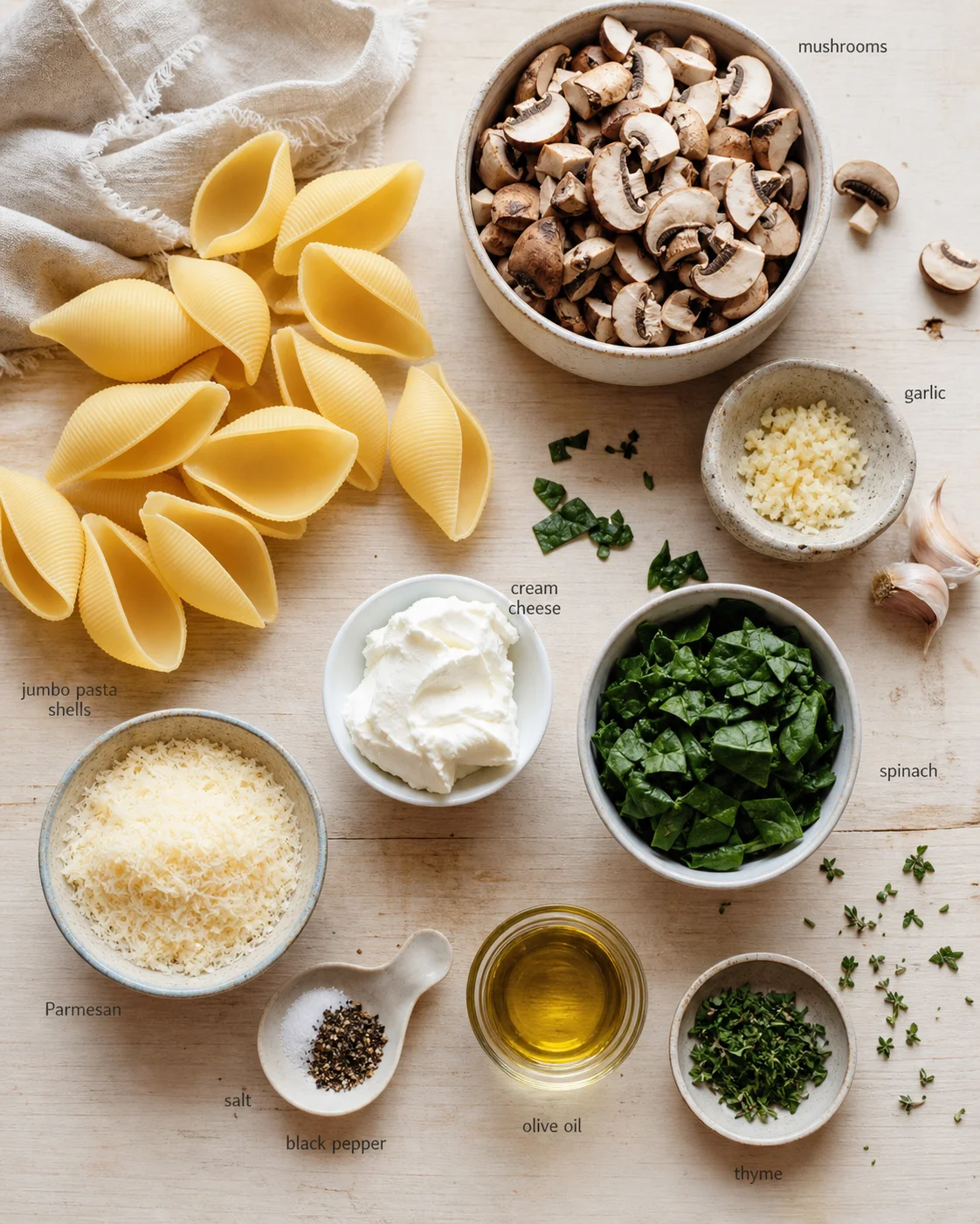 Overhead view of pasta shells, mushrooms, spinach, cream cheese, parmesan, and olive oil on wood.
