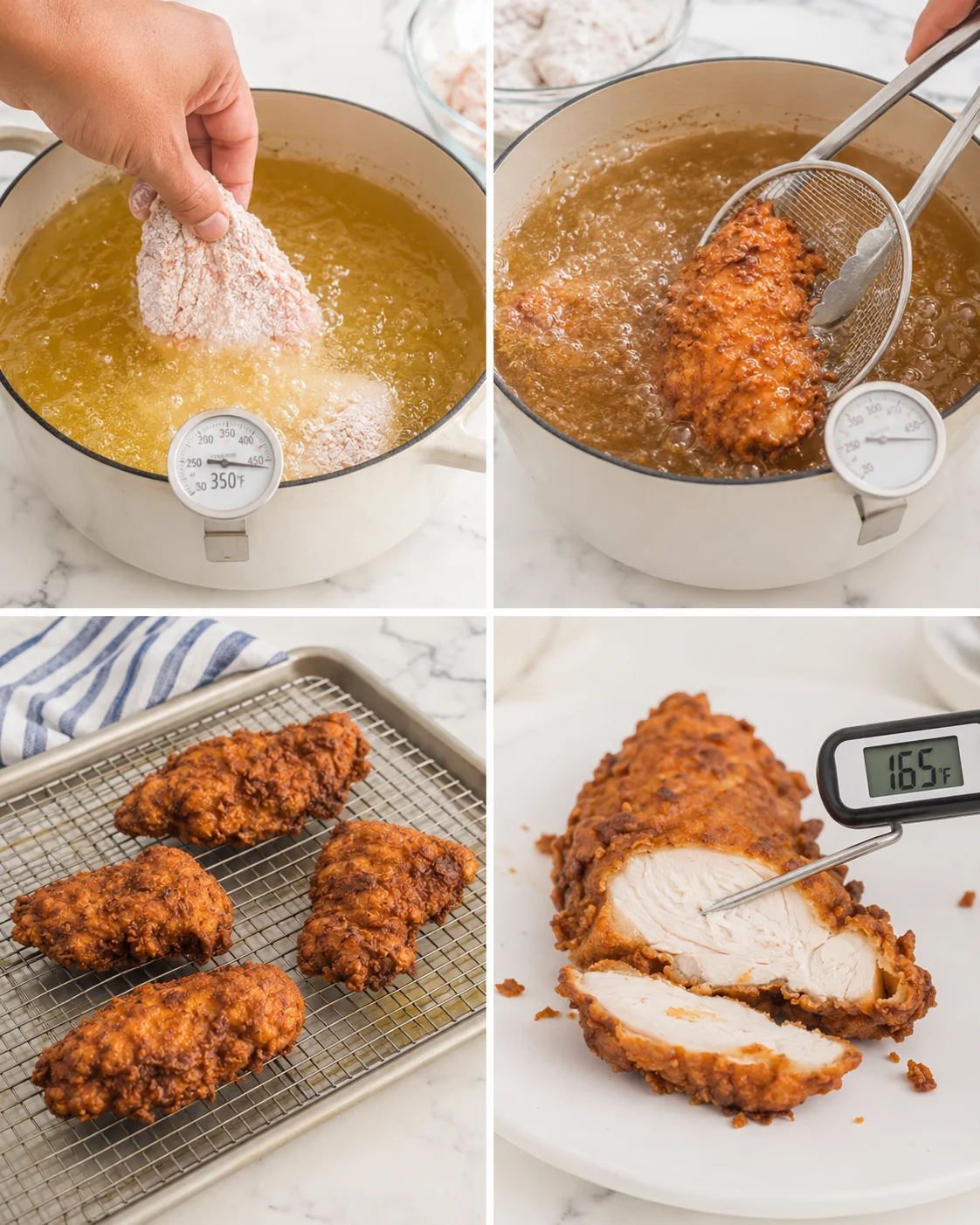 Collage of chicken-frying steps: dipping in oil, frying, cooling on rack, and temp-tested slice